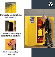 Justrite 22 Gallon Manual Close Slimline Flammable Storage Cabinet, 18 Gauge Steel, 3 Shelves, 2 Door Fire Cabinet