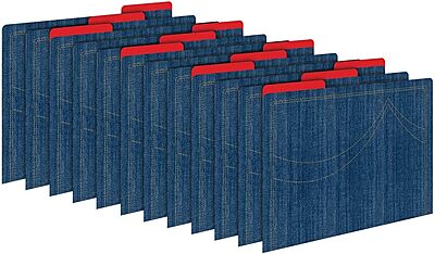 Barker Creek Designer File Folders Set of 12, Denim, Iconic Denim Pattern on The Outside, Vibrant Red on The Inside