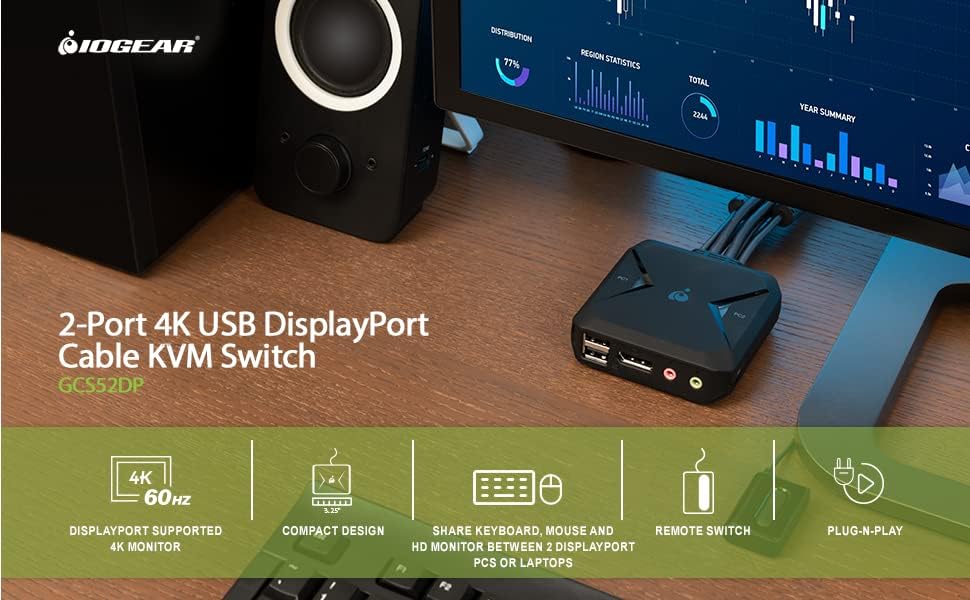 IOGEAR 2-Port USB Cable KVM Switch with Audio, Plug n Play