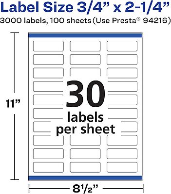 Avery Matte White Rectangle Labels, Sure Feed Technology, 0.75" x 2.25", Permanent Adhesive, Laser/Inkjet Printable