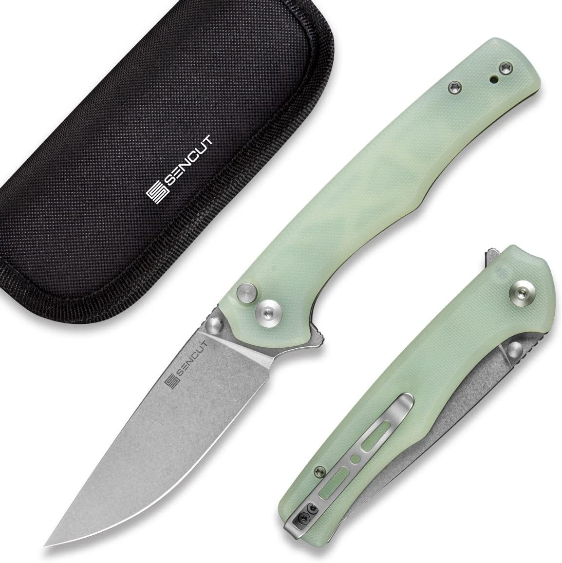 SENCUT Crowley Pocket Knife Button Lock Folding Knife for EDC, Natural G10 Handle Stonewashed D2 Blade Foldable Knife