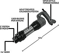 JET Chipping Hammer, Air-Powered, D-Handle/Open-Handle, Round/Hex Shank