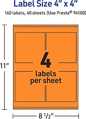 Avery Printable Square Labels, Sure Feed Technology, 4" x 4", Bright Orange