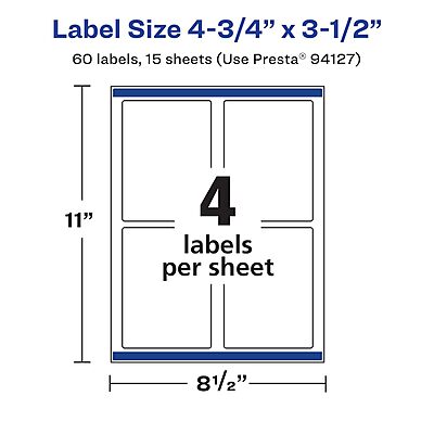 Avery Matte White Removable Rectangle Labels, Sure Feed Technology, Print-to-The-Edge, 4.75" x 3.5", 60 Removable Labels, Laser/Inkjet Printable 60 labels