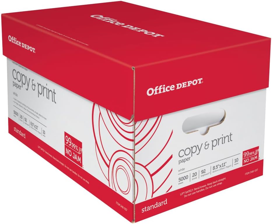 Office Depot Multi-Use Printer & Copy Paper, 10 Reams, White, Letter (8.5in x 11in), 5000 Sheets, 20 Lb, 92 Brightness
