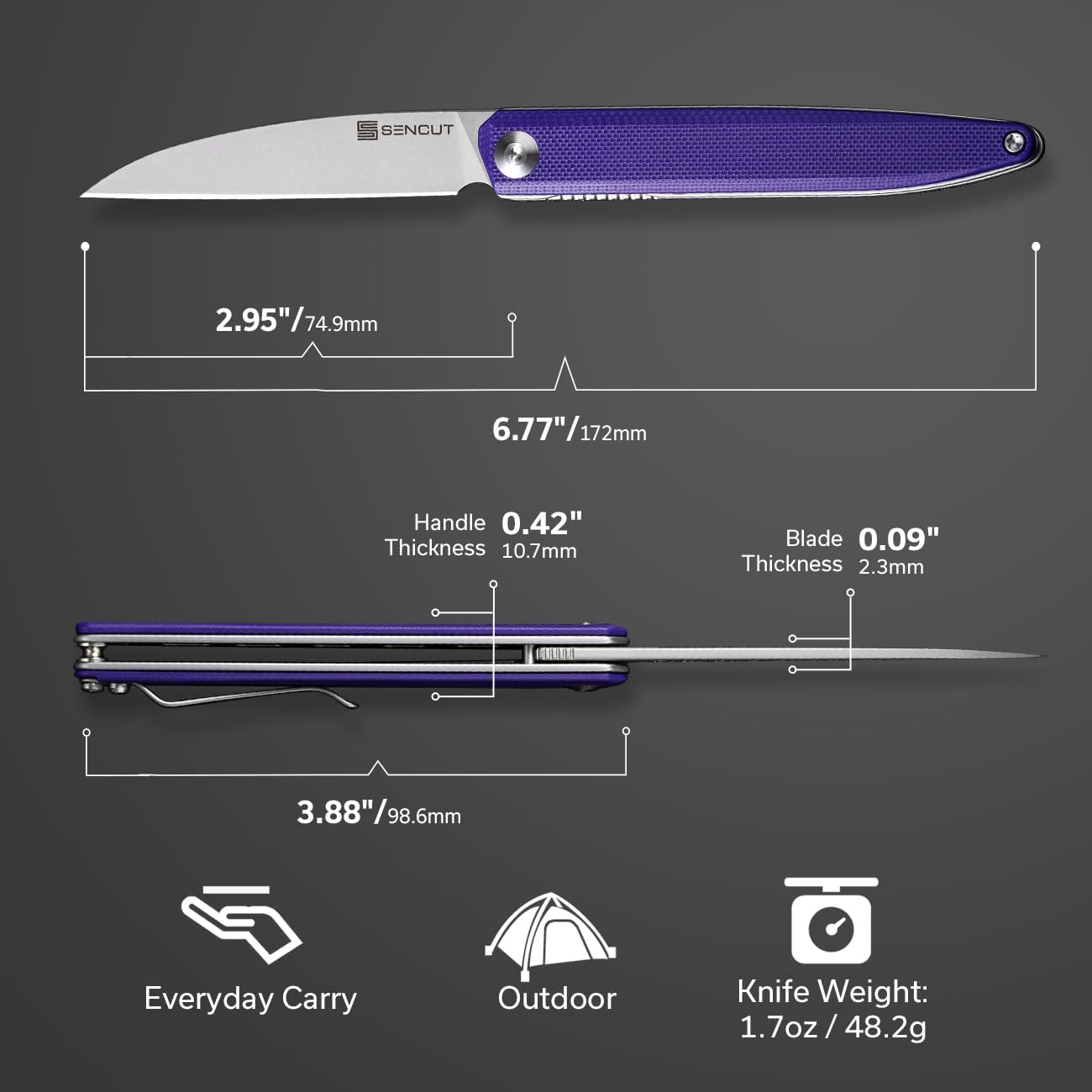 SENCUT Jubil Folding Pocket Knife D2 Wharncliffe, G10 Handle, Front Flipper