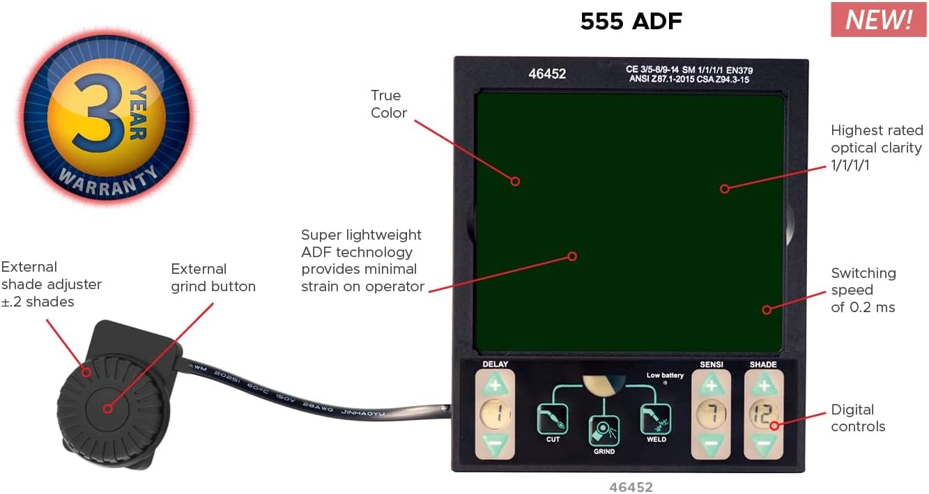 Jackson Safety TRANSLIGHT 555 + Premium Auto Darkening Helmet, Digital Control, 3.86" x 3.23" Viewing Area, 46250