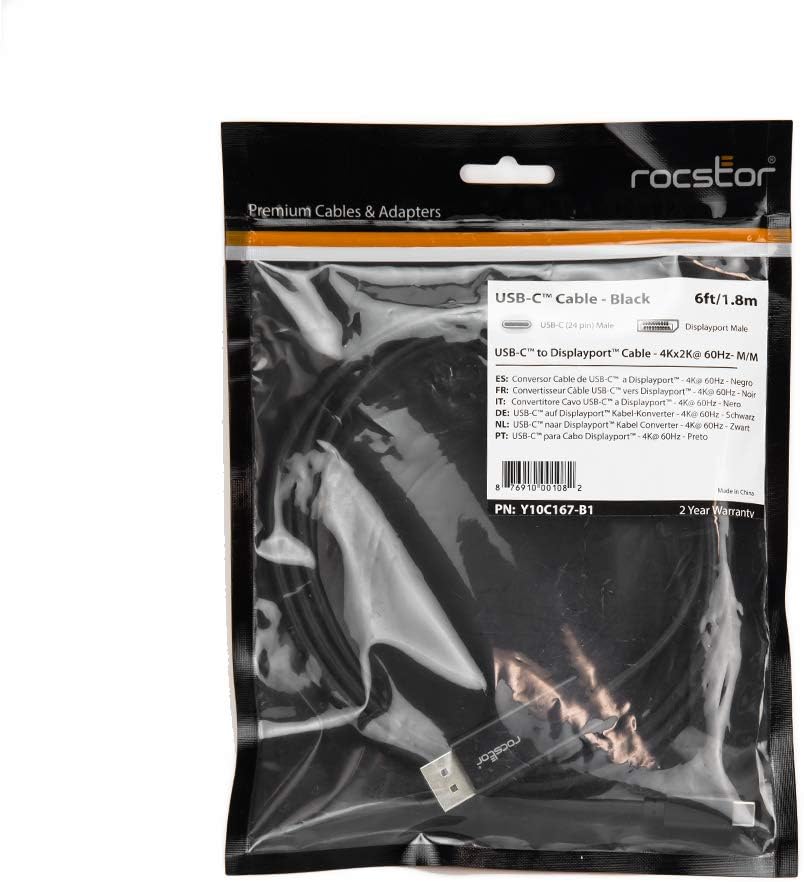 Rocstor Y10C167-B1 Premium 6ft USB-C to DisplayPort Cable M/M- USB Type-C to DisplayPort Converter Cable