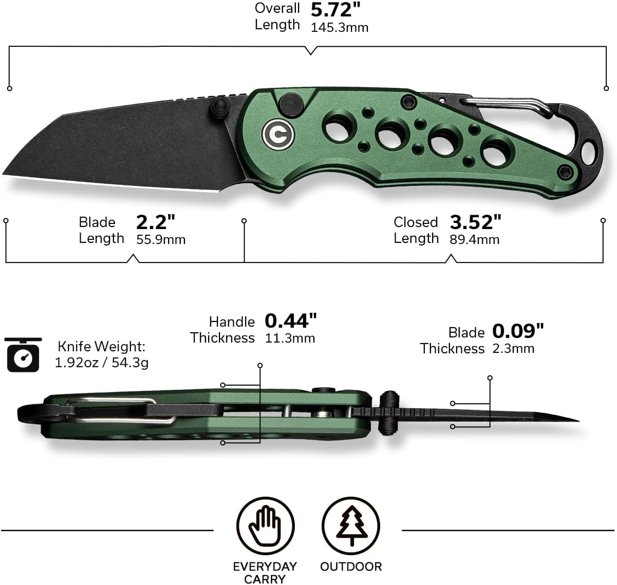 CIVIVI Pragma Folding Knife 2.2" Wharncliffe, Aluminum Handle, Carabiner & Bottle Opener