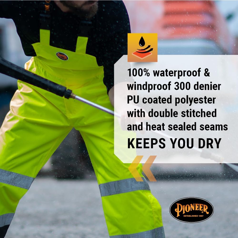 Pioneer Hi Vis Ripstop Waterproof Bib Pants/Overalls for Men - Reflective Safety Work Rain Pants