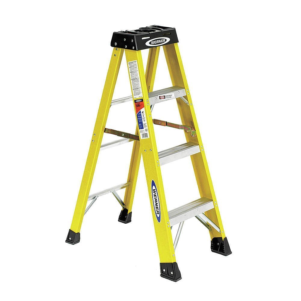 Werner 6104 Type IA Fiberglass Step Ladder, 3 Steps, Single-Sided, Yellow, 300lb Load Capacity, 4' Length, 19" Base Width