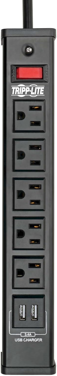 Tripp Lite 5 Outlet Surge Protector Power Strip, 6ft Cord, 450 Joules, 2 USB Charging Ports, Led