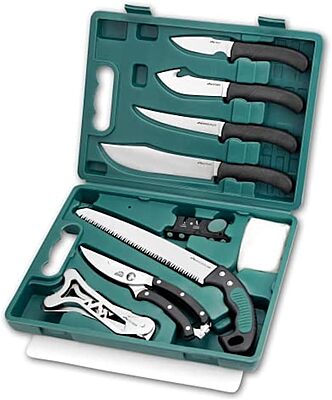 OUTDOOR EDGE Game-Pro 11-Piece Butcher Knife Set | Caping & Boning Knives, Deer Skinning Knife, Bone Saw, Game Shears, Sharpener & Rib Spreader in Hard-Side Case | Elite Elk & Deer Hunting Gear