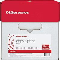 Office Depot Multi-Use Printer & Copy Paper, 5 Reams, White, Letter (8.5in x 11in), 2500 Sheets Per Case, 20 Lb