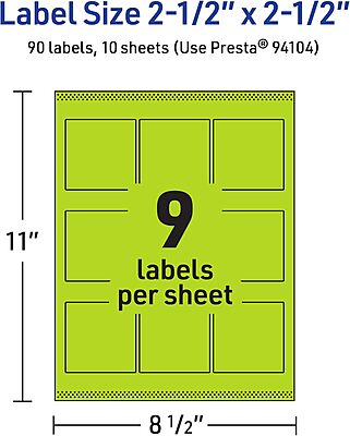 Avery Printable Square Labels, Sure Feed Technology, 2-1/2" x 2-1/2", Bright Green Labels, Laser/Inkjet Printable, 90 Total