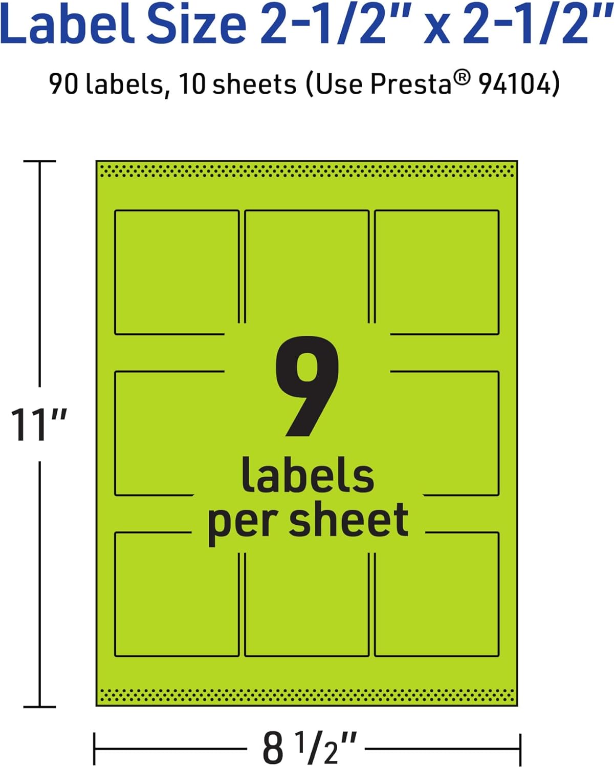 Avery Printable Square Labels, Sure Feed Technology, 2-1/2" x 2-1/2", Bright Green Labels, Laser/Inkjet Printable, 90 Total