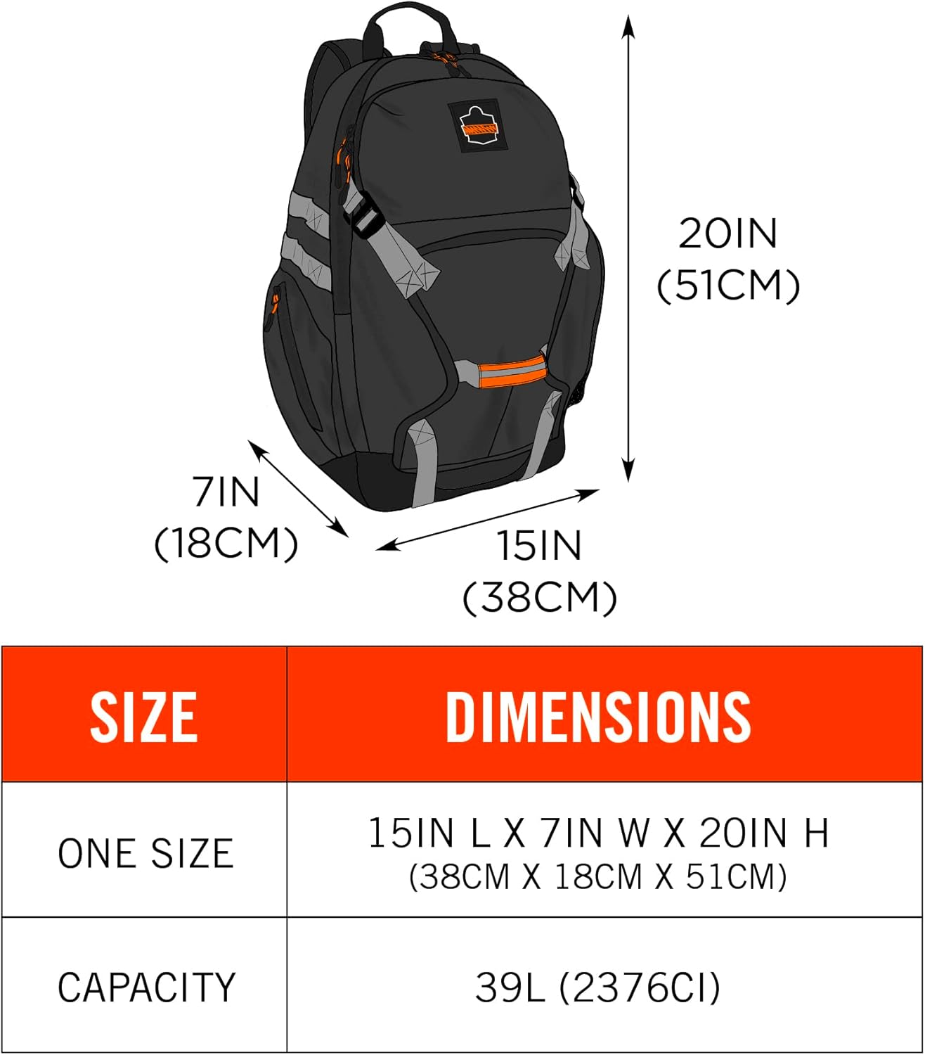 Ergodyne Arsenal 5188 Work Gear Jobsite Backpack with Hard Hat Storage, Padded Shoulder Straps, 39L Capacity,Black, Large