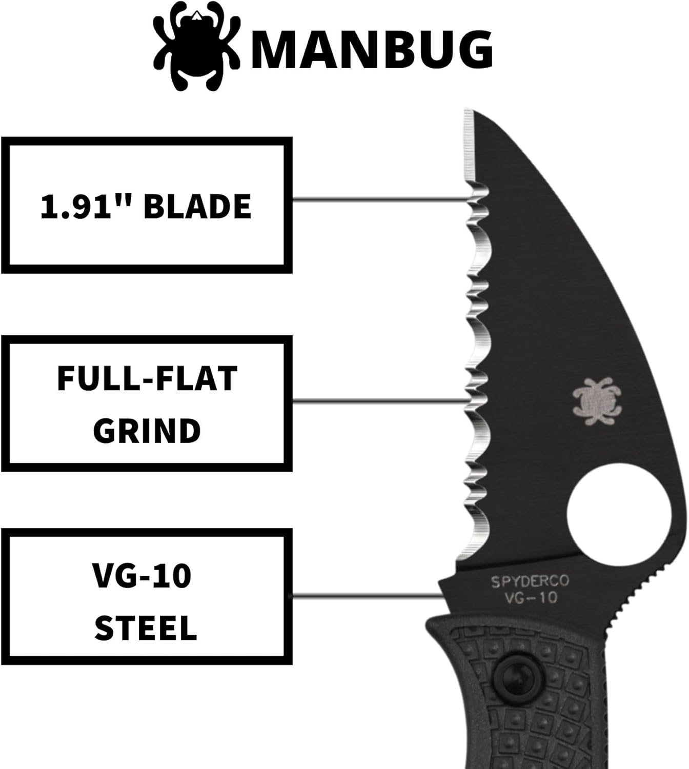 Spyderco Manbug Wharncliffe Folding Knife - VG-10 Steel with TiCN Blade Coating, FRN Handle, SpyderEdge - MBKWSBK