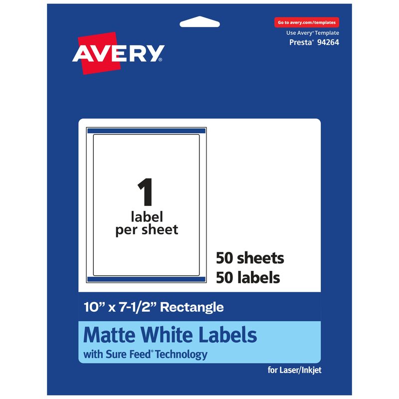 AVERY Matte White Rectangle Labels, Sure Feed Technology, 10" x 7.5"