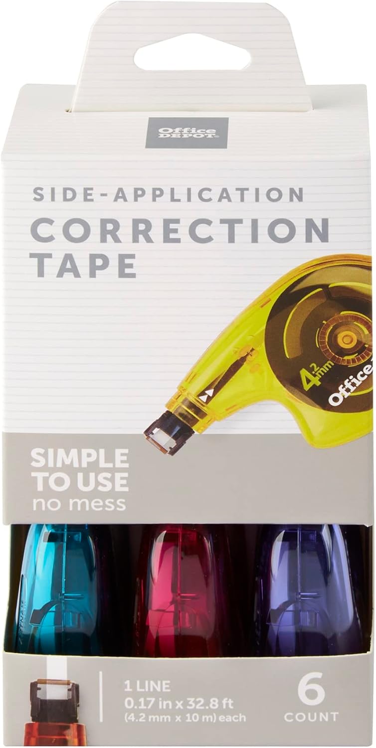 Office Depot Side-Application Correction Tape, 1 Line x 394in., Assorted Colors, Pack Of 6, 10847