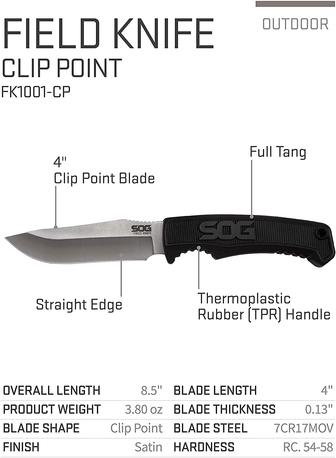 SOG Survival Knife with Sheath - Field Knife Fixed Blade Knives 4 Inch Tactical Knife and Bushcraft Knife withFull Tang