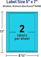 Avery Printable Rectangle Labels, Sure Feed Technology, 5" x 7", Bright Blue Labels, Laser/Inkjet Printable, 20 Total, Great for Shipping and Packaging 20 labels