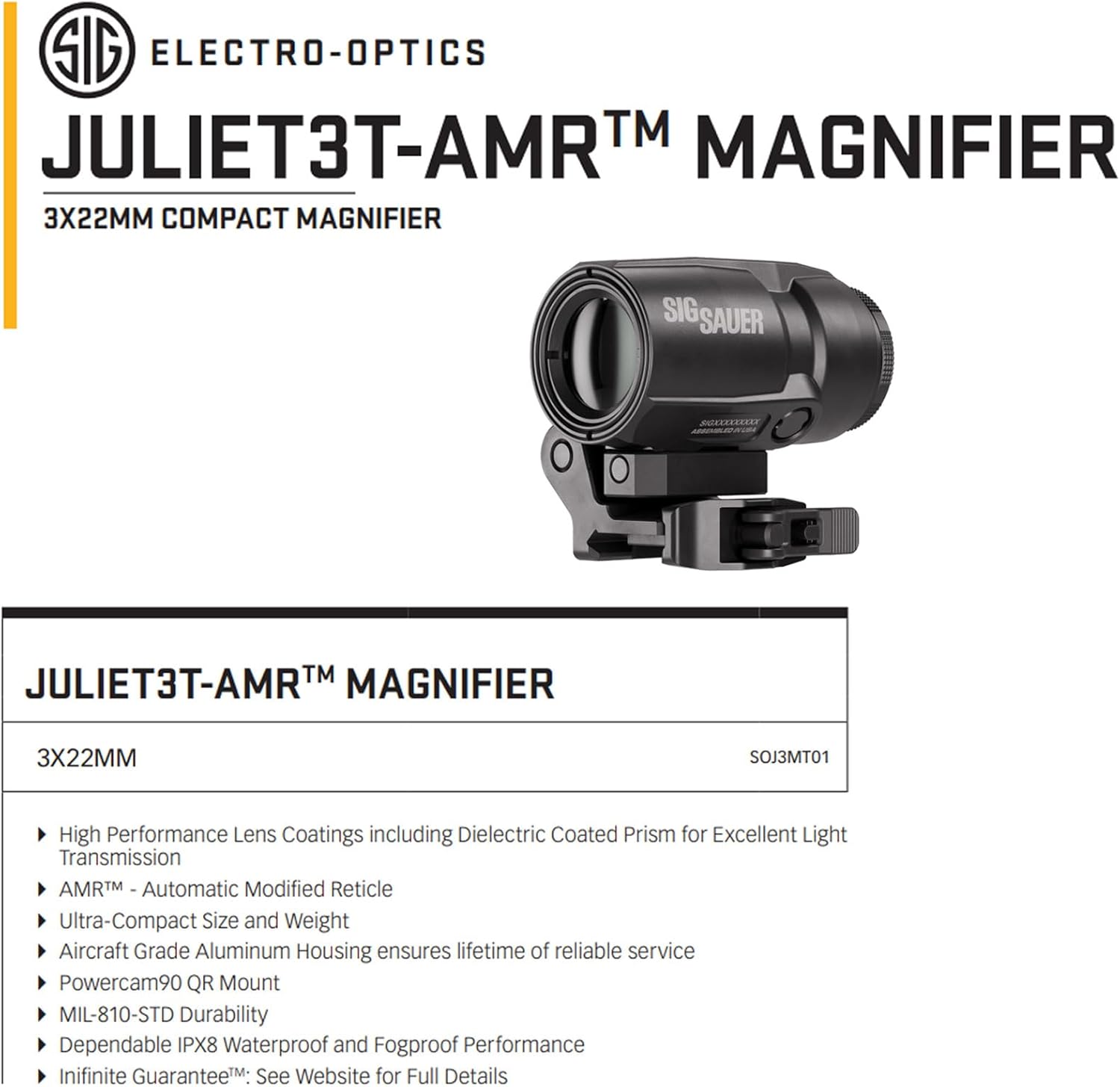 SIG SAUER JULIET3T-AMR 3x22mm Tactical Magnifier | Compact Flip-to-Side Optic with PowerCam QR Mount | AMR Compatible