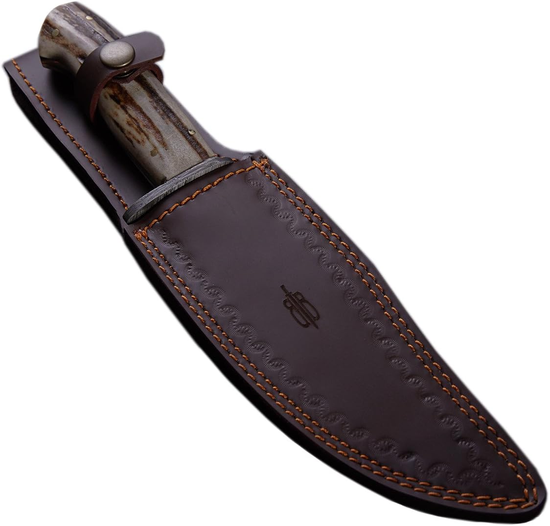 BucknBear Custom Handmade 1095 Damascus Fixed Blade Bowie Hunting Knife (Stag Handle)