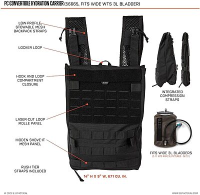 5.11 Tactical Water Hydration Carrier Pouch Backpack Attachment, PC Convertible, Black, Style 56665ABR