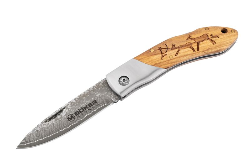 Boker Magnum 01RY818DAM Caveman Damascus Pocket Knife with 3 1/4 in. Damascus Steel Blade, Brown