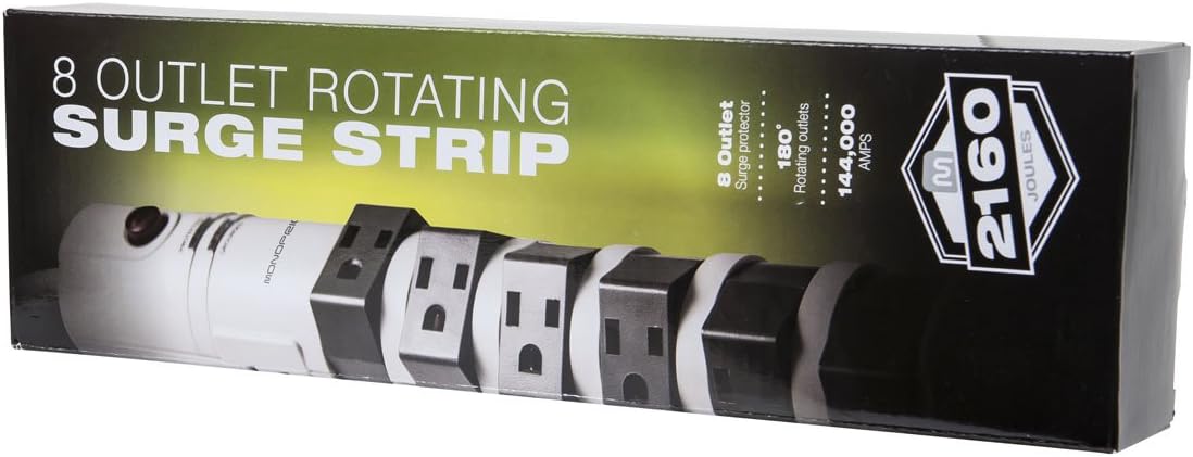 Monoprice 8 Outlet Rotating Surge Strip - UL Rated 2,160 Joules with Grounded and Protected Light Indicator, Gray