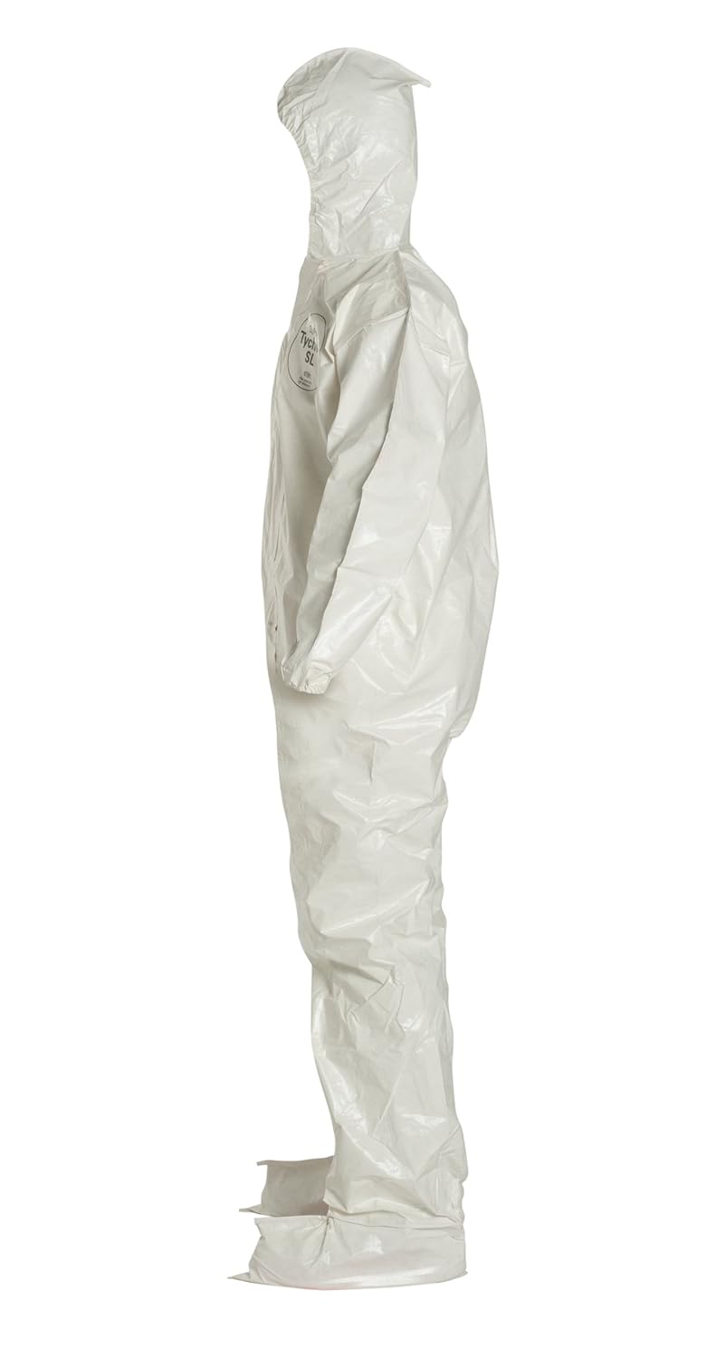 DuPont Tychem 4000 SL122B Chemical Resistant Coverall with Hood and Boots, Disposable, Bound Seams, Elastic Cuff, White