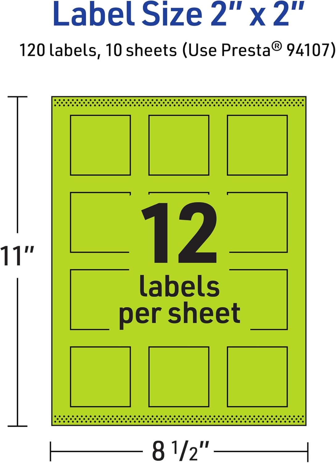 Avery Printable Square Labels, Sure Feed Technology, 2 in x 2 in, Bright Green, Print-to-The-Edge, Laser/Inkjet Printable