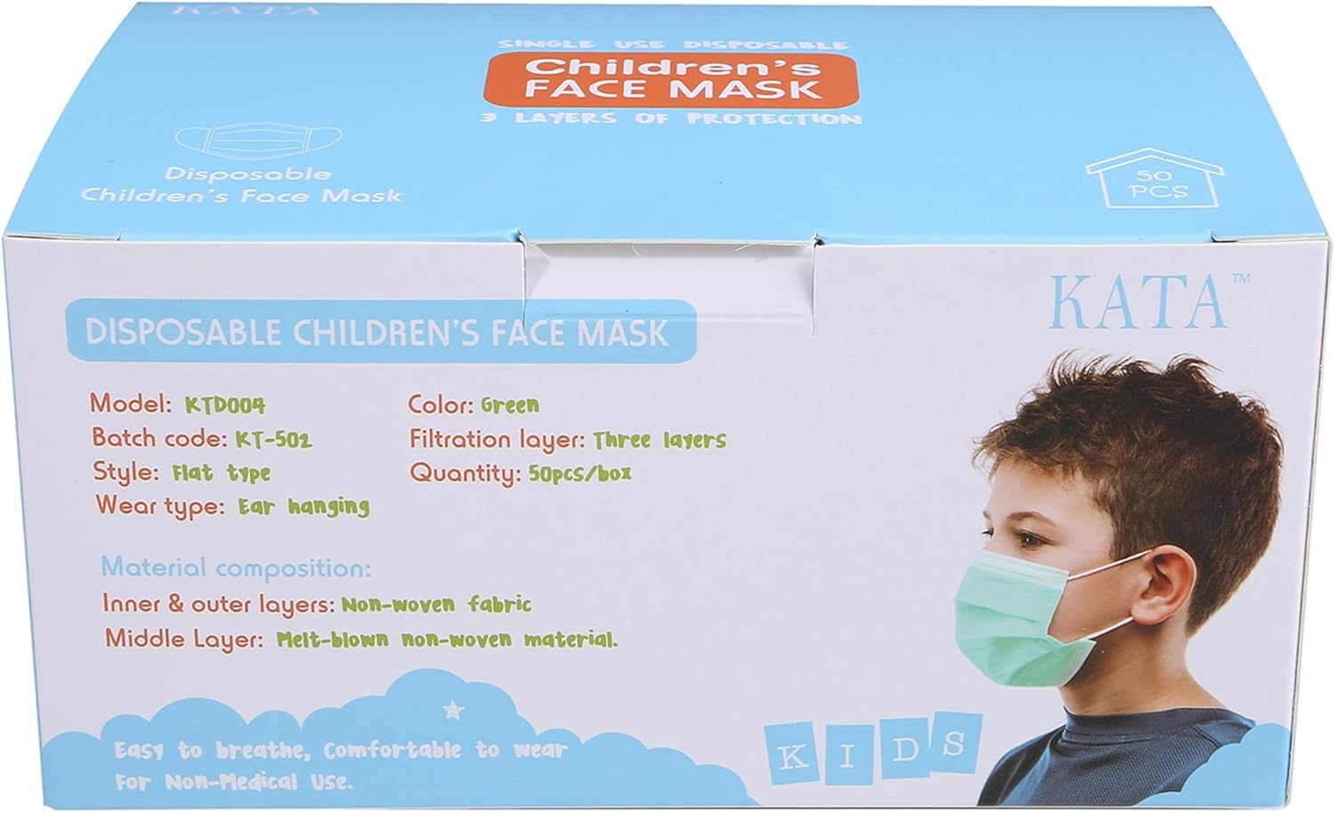 Kata 3-Ply Pleated Disposable Children's Face Masks, One Size, Green, Box Of 50 Masks