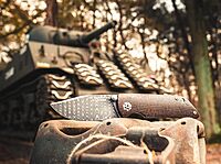 Böker Manukaftur Solingen M4 Sherman Damascus - Folding Collector's Pocket Knife Crafted from Recovered M4 Tank Materials