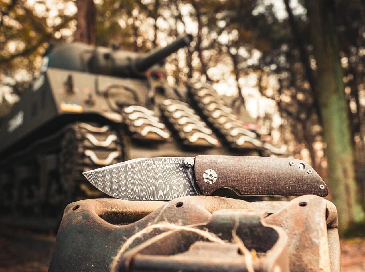 Böker Manukaftur Solingen M4 Sherman Damascus - Folding Collector's Pocket Knife Crafted from Recovered M4 Tank Materials
