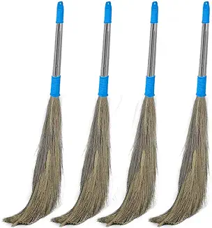 Trendygreens Stainless Steel Grass Broom with Soft Bristles, Floor Cleaning Set, 4 Pieces