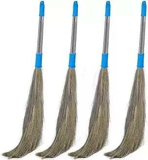 Trendygreens Stainless Steel Grass Broom with Soft Bristles, Floor Cleaning Set, 4 Pieces