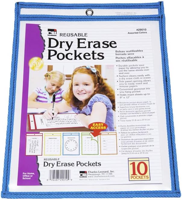 Charles Leonard Dry Erase Pockets, 9" x 12", Assorted Colors, Set of 30 (29030)