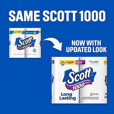 Scott 1000 Toilet Paper, 20 Regular Rolls, Septic-Safe, 1-Ply Toilet Tissue White 1000 sheet (Pack of 20)
