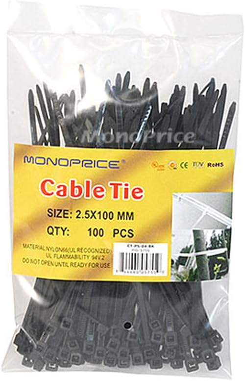 MONOPRICE Cable Ties 100-Piece Pack Nylon Zip Ties - Black