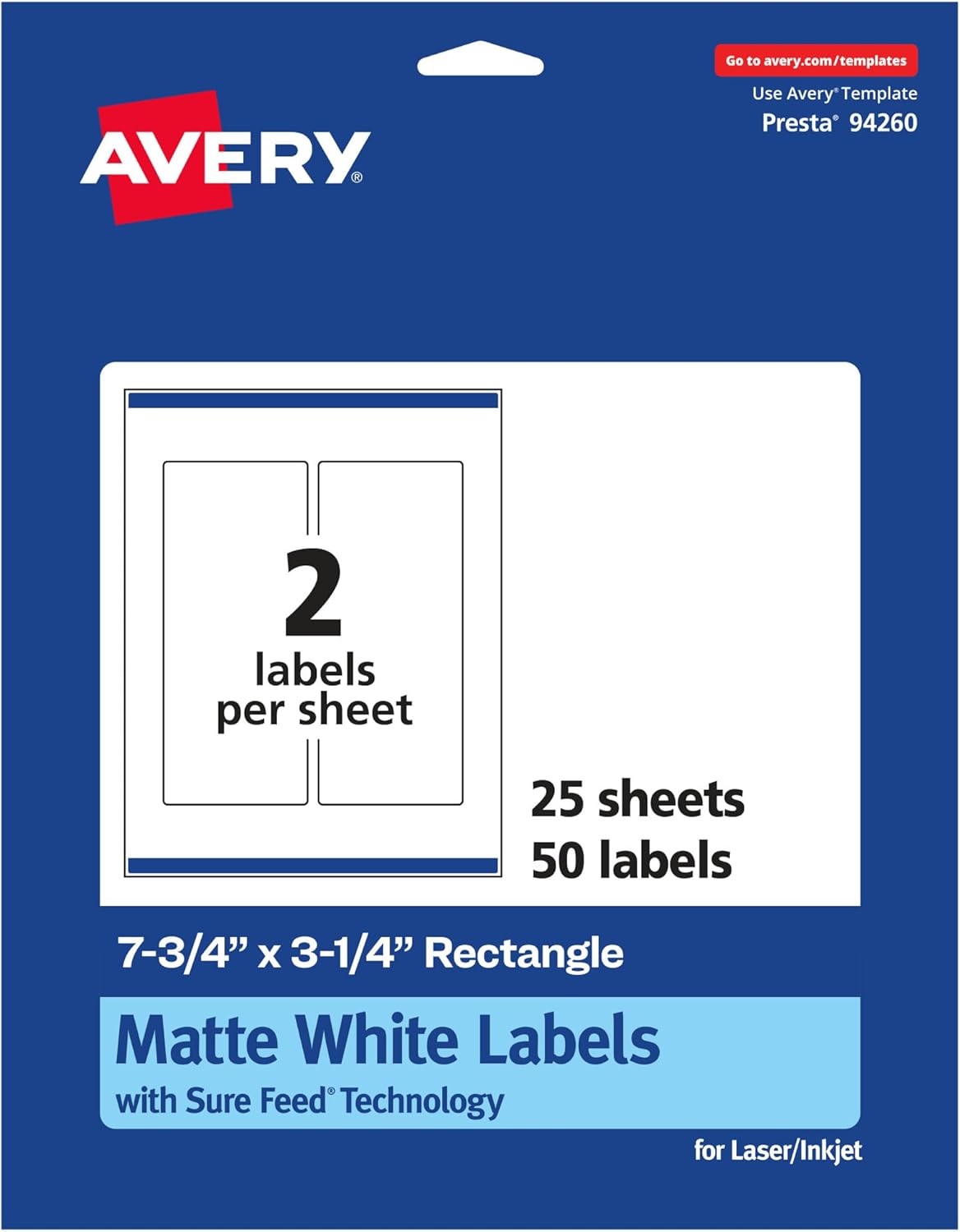 AVERY Matte White Rectangle Labels, Sure Feed Technology, 7.75" x 3.25"