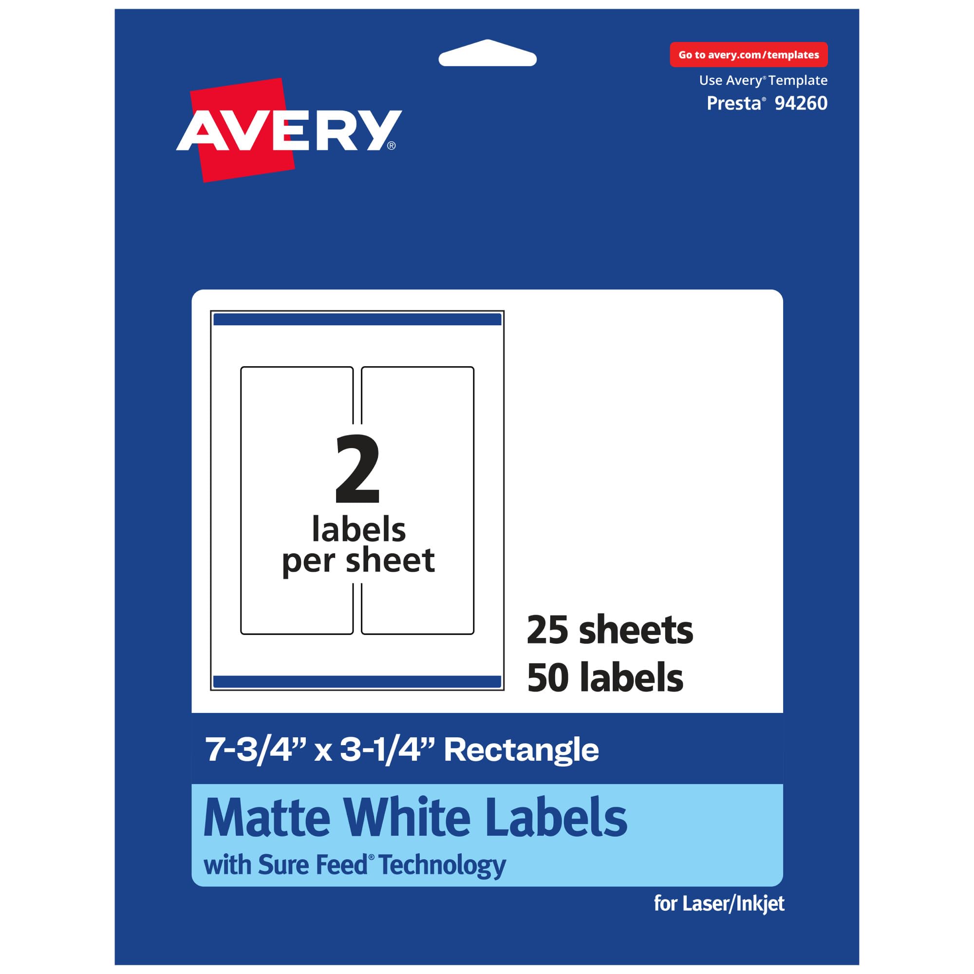 AVERY Matte White Rectangle Labels, Sure Feed Technology, 7.75" x 3.25"