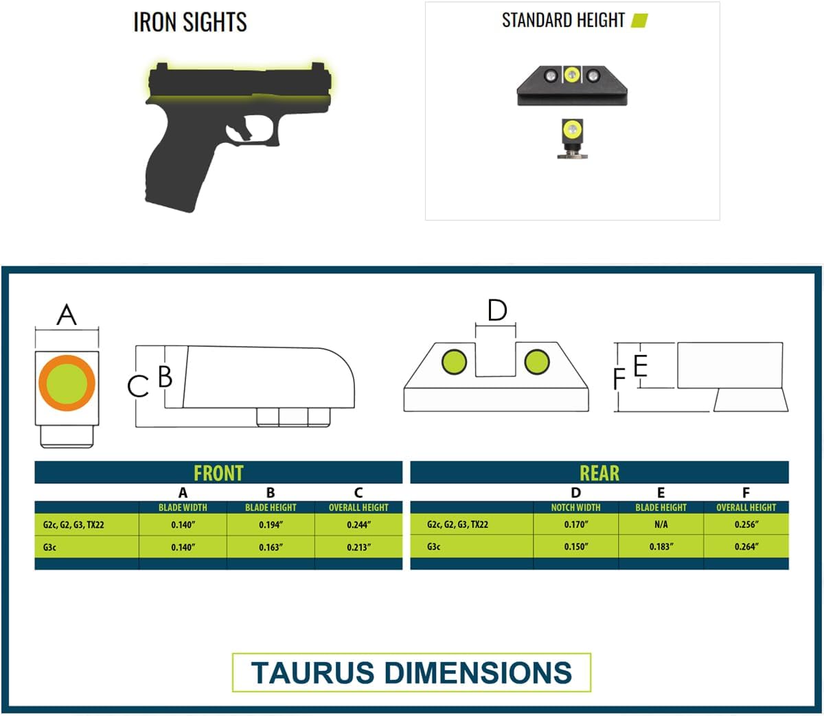 NIGHT FISION Standard Height Perfect Dot Tritium Night Sight Set Compatible with Taurus G3C/GX4
