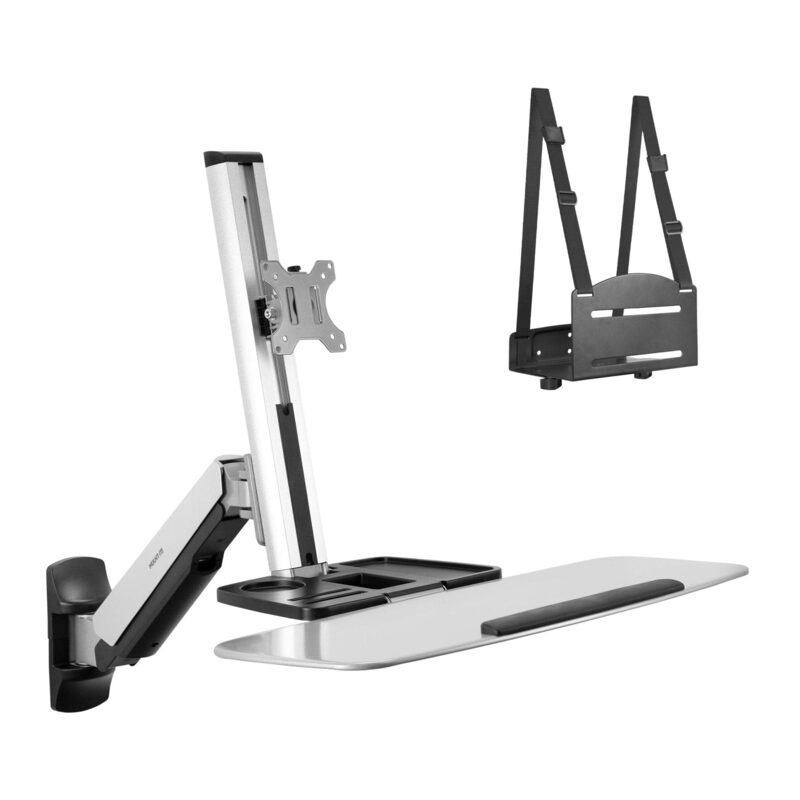 Mount-It! MI-7905 36inW Standing Computer Desk With Articulating Monitor Mount, Keyboard Tray Arm And CPU Holder, Silver