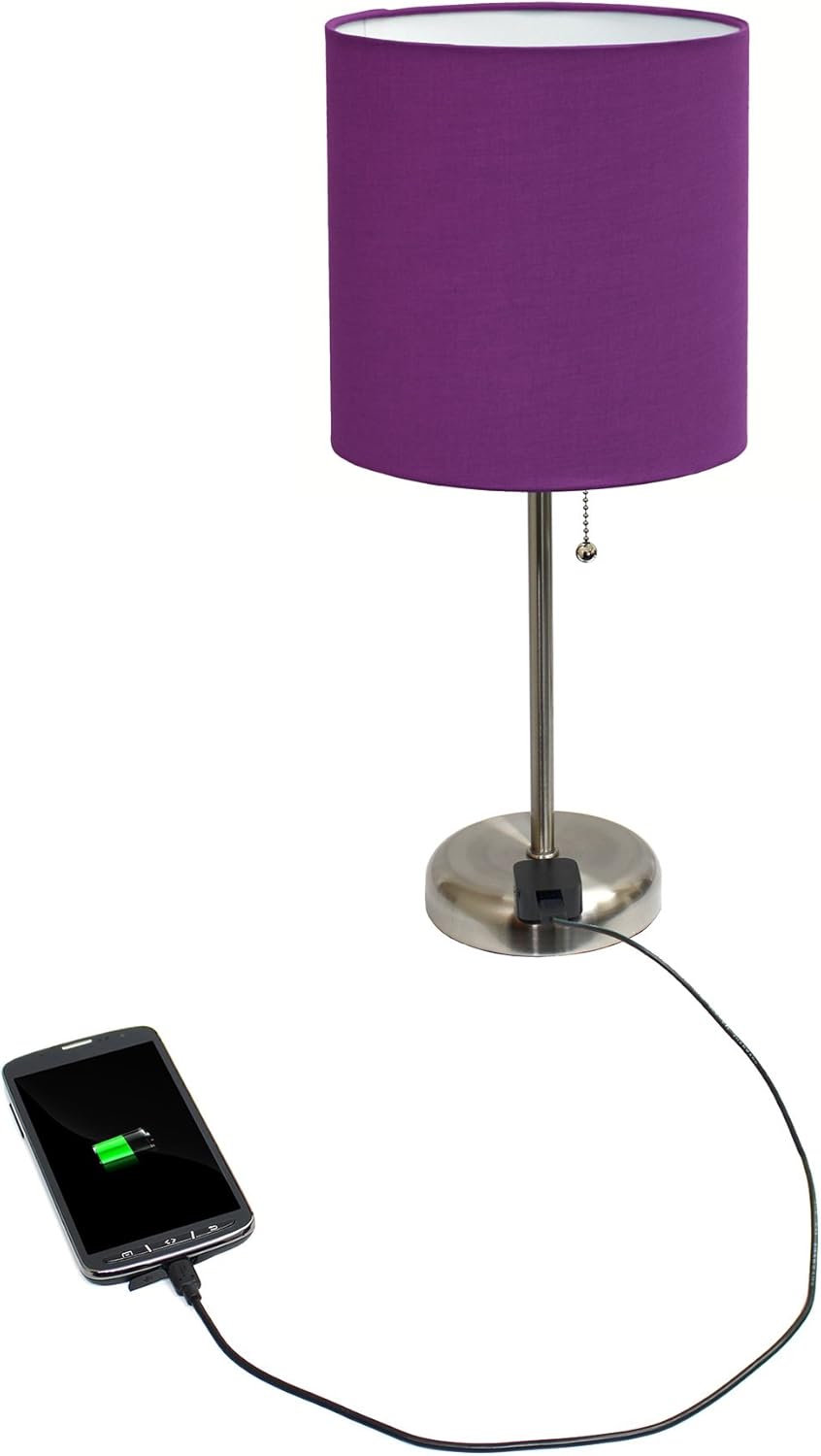 SIMPLE DESIGNS LT2024 Brushed Steel Stick Table Desk Lamp with Charging Outlet and Drum Fabric Shade