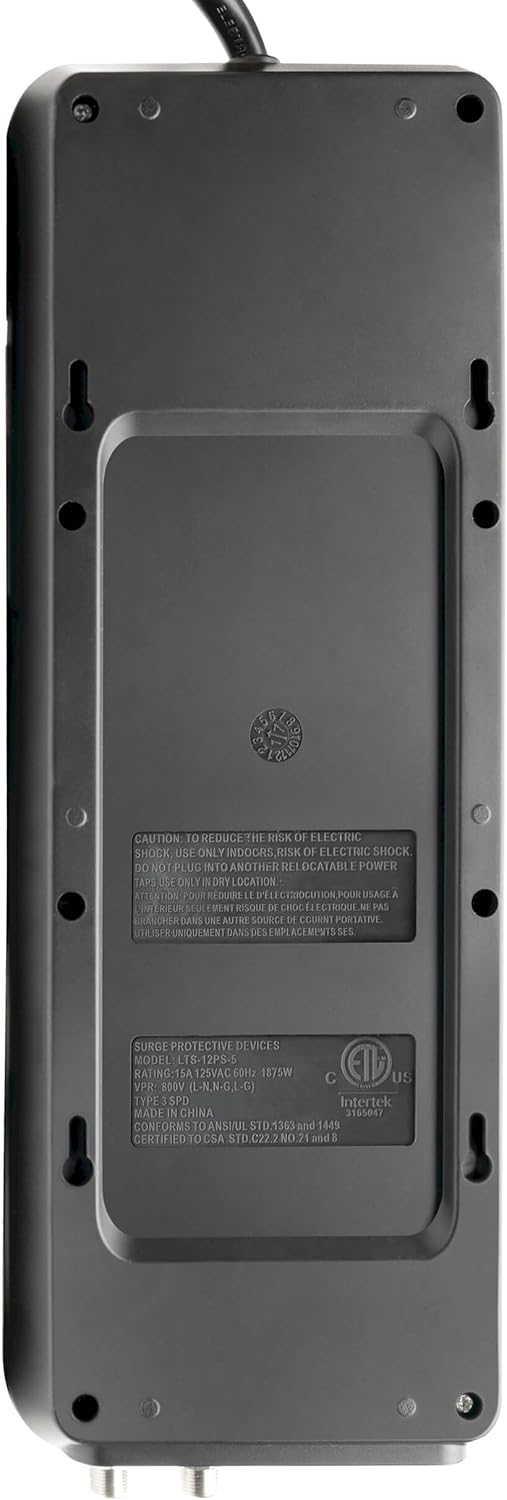 TRIPP LITE 12-Outlet Surge Protector Power Strip with Tel/Modem Protection, 8 ft Right-Angle Cord