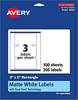 Avery Matte White Rectangle Labels, Sure Feed Technology, 3" x 6", 300 Matte White Printable Labels 300 Labels