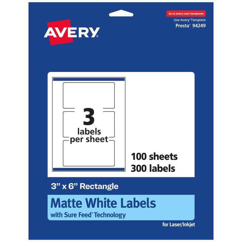 Avery Matte White Rectangle Labels, Sure Feed Technology, 3" x 6", 300 Matte White Printable Labels 300 Labels