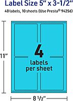 Avery Printable Rectangle Labels, Sure Feed Technology, 5" x 3.5", Bright Blue Labels, Laser/Inkjet Printable, 40 Total, Great for Shipping and Packaging 40 labels